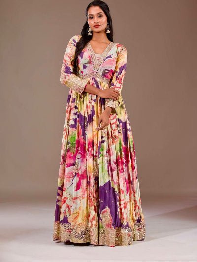 Multicolor Floral Print Anarkali Gown Dupatta Set Of 2 - BONYHUBSALWAR KAMEEZ