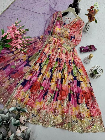 Multicolor Floral Print Anarkali Gown Dupatta Set Of 2 - BONYHUBSALWAR KAMEEZ