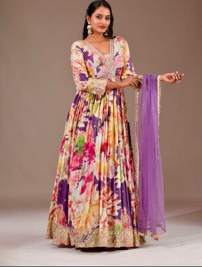 Multicolor Floral Print Anarkali Gown Dupatta Set Of 2 - BONYHUBSALWAR KAMEEZ