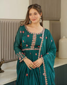 Teal Blue Crush Silk Sequins Anarkali Suit Set - BONYHUBSALWAR KAMEEZ