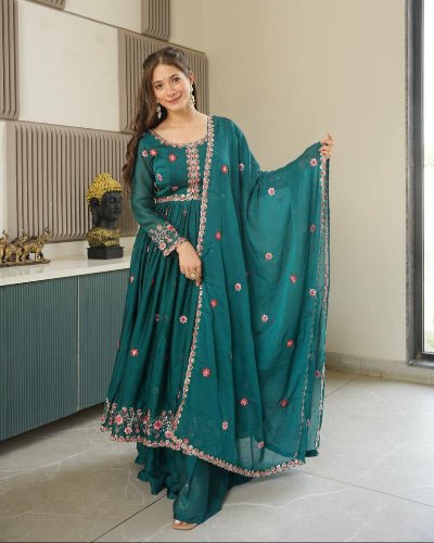Teal Blue Crush Silk Sequins Anarkali Suit Set - BONYHUBSALWAR KAMEEZ