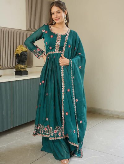 Teal Blue Crush Silk Sequins Anarkali Suit Set - BONYHUBSALWAR KAMEEZ