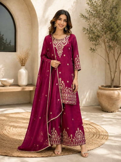Designer Embroidered Vichitra Silk Palazzo Suit- 2 Colours