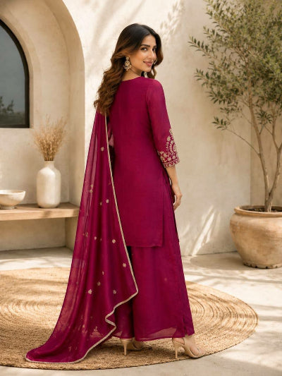 Designer Embroidered Vichitra Silk Palazzo Suit- 2 Colours