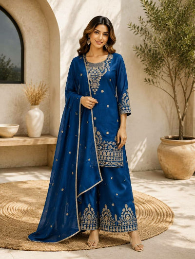 Designer Embroidered Vichitra Silk Palazzo Suit- 2 Colours