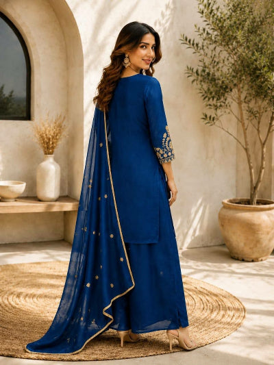 Designer Embroidered Vichitra Silk Palazzo Suit- 2 Colours