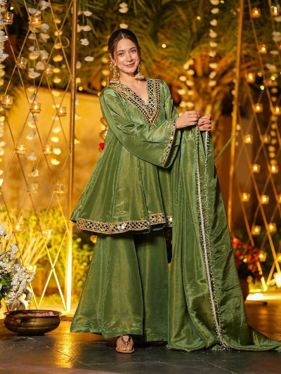 Festive Mirror Work Chinon Silk Peplum Kurti Sharara Dupatta Set