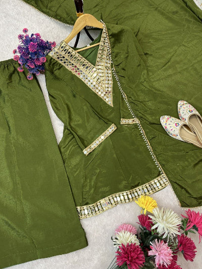 Festive Mirror Work Chinon Silk Peplum Kurti Sharara Dupatta Set