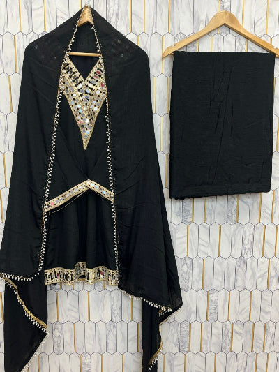 Festive Mirror Work Chinon Silk Peplum Kurti Sharara Dupatta Set