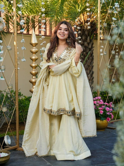 Festive Mirror Work Chinon Silk Peplum Kurti Sharara Dupatta Set