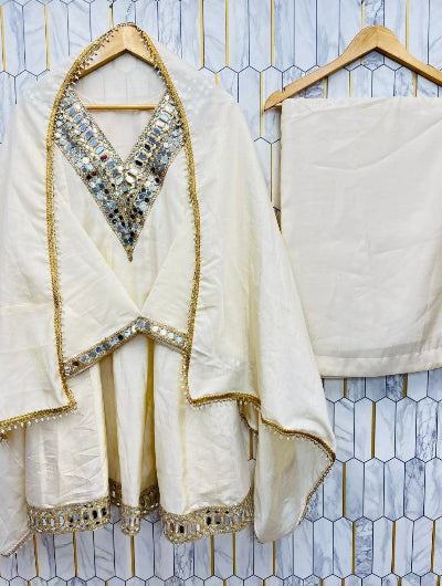 Festive Mirror Work Chinon Silk Peplum Kurti Sharara Dupatta Set