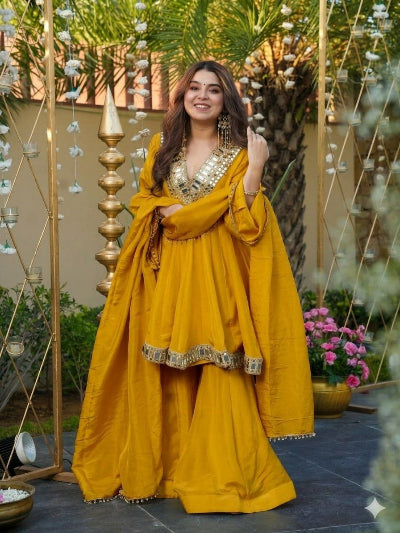 Festive Mirror Work Chinon Silk Peplum Kurti Sharara Dupatta Set