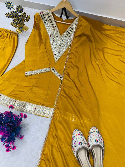 Festive Mirror Work Chinon Silk Peplum Kurti Sharara Dupatta Set
