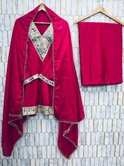 Festive Mirror Work Chinon Silk Peplum Kurti Sharara Dupatta Set
