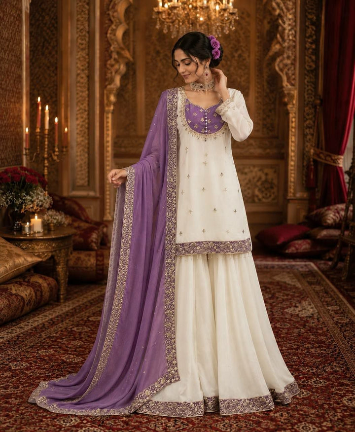 White Embroidered Chinon Silk Sharara Suit Set- 4 Colours