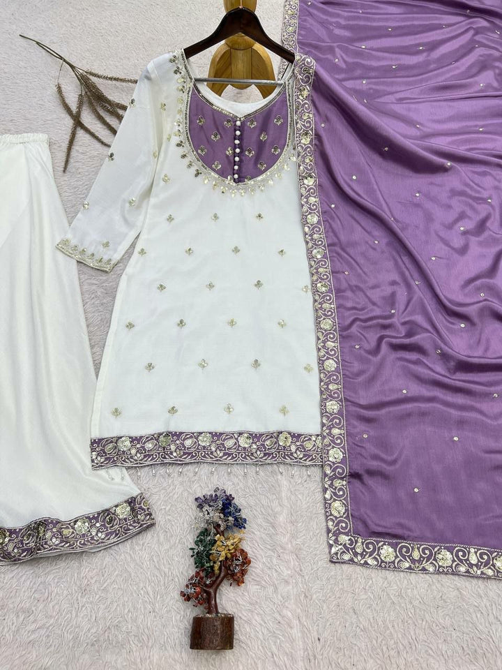 White Embroidered Chinon Silk Sharara Suit Set- 4 Colours