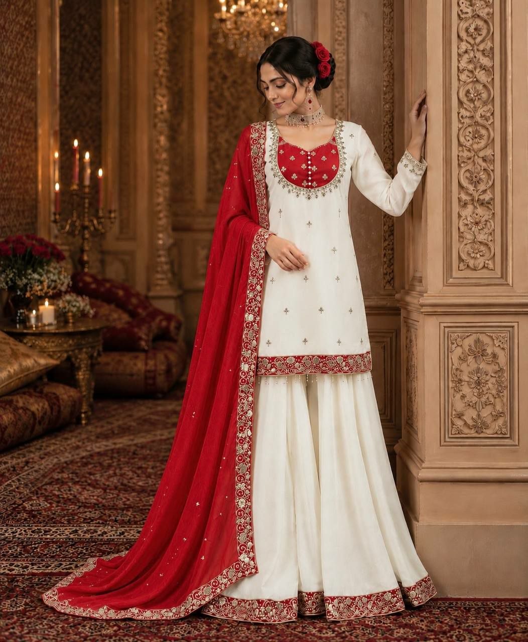 White Embroidered Chinon Silk Sharara Suit Set- 4 Colours