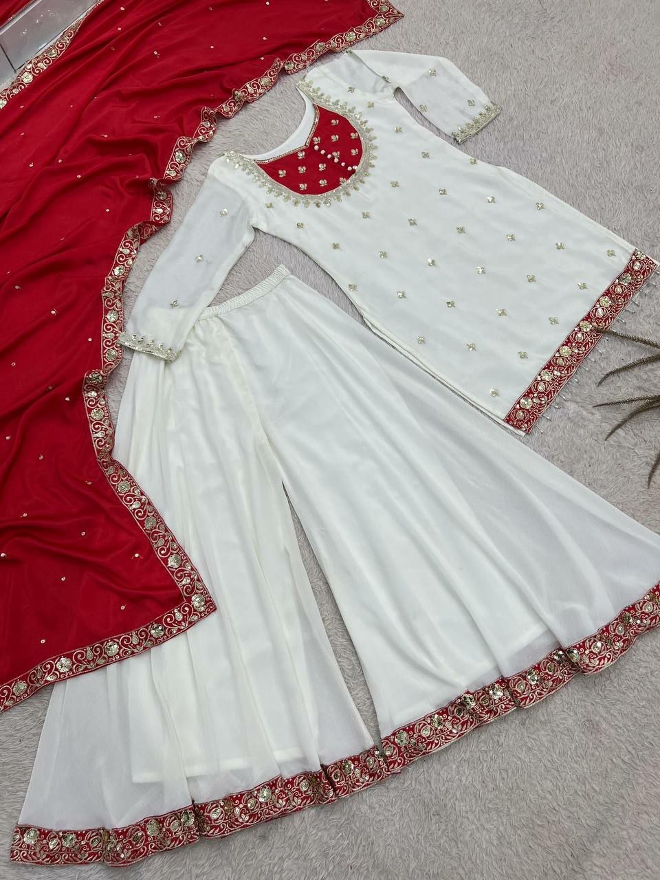 White Embroidered Chinon Silk Sharara Suit Set- 4 Colours