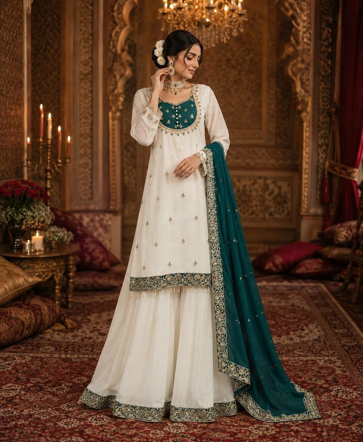 White Embroidered Chinon Silk Sharara Suit Set- 4 Colours