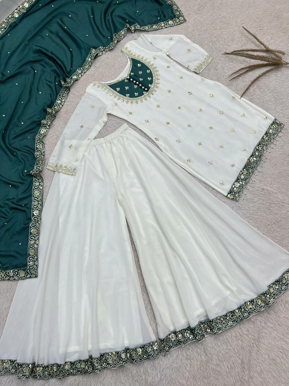 White Embroidered Chinon Silk Sharara Suit Set- 4 Colours