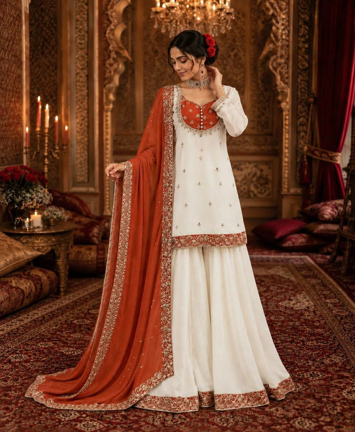 White Embroidered Chinon Silk Sharara Suit Set- 4 Colours