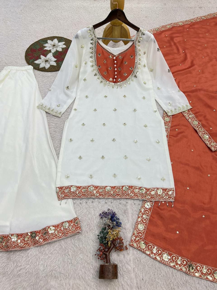 White Embroidered Chinon Silk Sharara Suit Set- 4 Colours