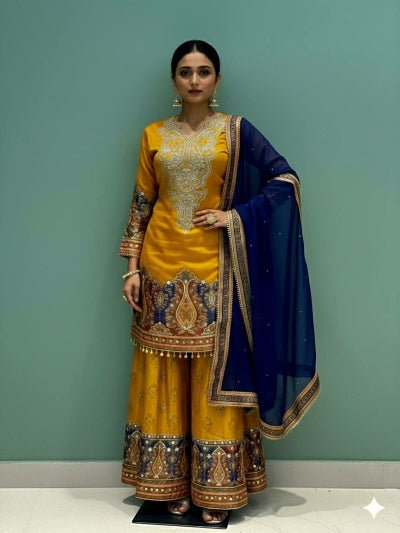 Mustard & Blue Chinon Silk Embroidery Sharara Suit - BONYHUBSALWAR KAMEEZ