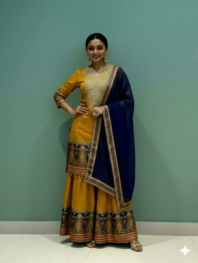 Mustard & Blue Chinon Silk Embroidery Sharara Suit - BONYHUBSALWAR KAMEEZ