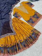 Mustard & Blue Chinon Silk Embroidery Sharara Suit - BONYHUBSALWAR KAMEEZ