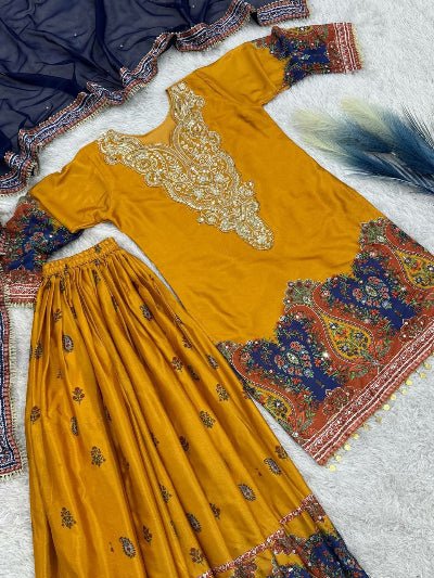 Mustard & Blue Chinon Silk Embroidery Sharara Suit - BONYHUBSALWAR KAMEEZ