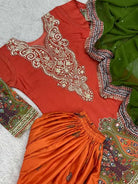Orange & Green Chinon Silk Embroidery Sharara Suit - BONYHUBSALWAR KAMEEZ