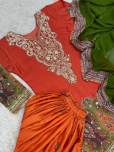 Orange & Green Chinon Silk Embroidery Sharara Suit - BONYHUBSALWAR KAMEEZ