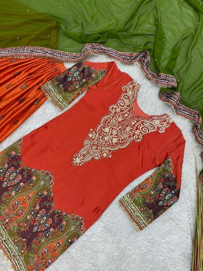 Orange & Green Chinon Silk Embroidery Sharara Suit - BONYHUBSALWAR KAMEEZ