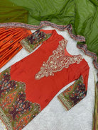 Orange & Green Chinon Silk Embroidery Sharara Suit - BONYHUBSALWAR KAMEEZ