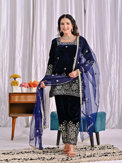 Navy Blue Velvet Embroidery Full Sleeves Suit Set - BONYHUBSALWAR KAMEEZ