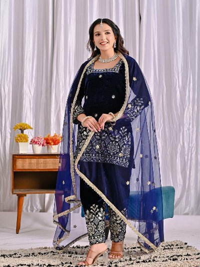 Navy Blue Velvet Embroidery Full Sleeves Suit Set - BONYHUBSALWAR KAMEEZ