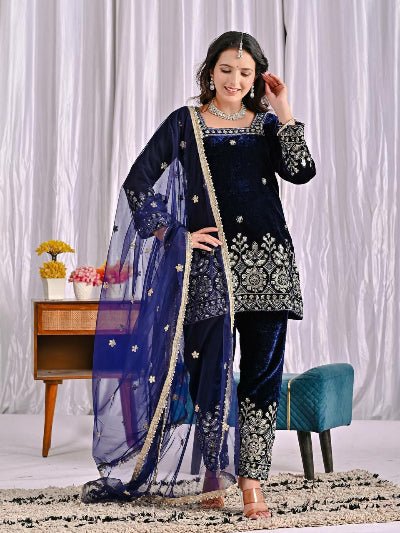 Navy Blue Velvet Embroidery Full Sleeves Suit Set - BONYHUBSALWAR KAMEEZ