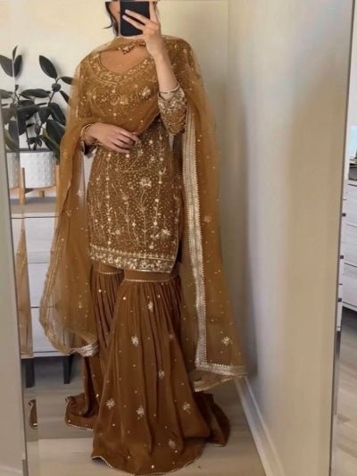 Caramel Brown Gold Embroidery Work Gharara Suit Set - BONYHUBSALWAR KAMEEZ