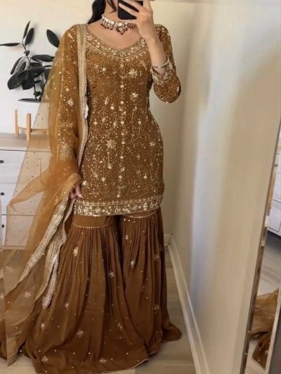 Caramel Brown Gold Embroidery Work Gharara Suit Set - BONYHUBSALWAR KAMEEZ