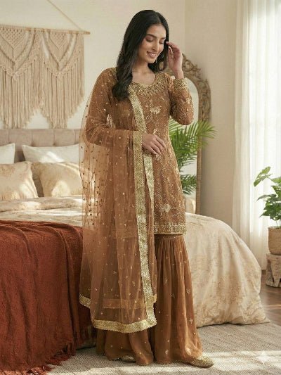 Caramel Brown Gold Embroidery Work Gharara Suit Set - BONYHUBSALWAR KAMEEZ