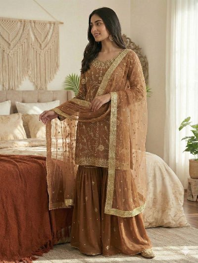 Caramel Brown Gold Embroidery Work Gharara Suit Set - BONYHUBSALWAR KAMEEZ