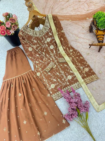Caramel Brown Gold Embroidery Work Gharara Suit Set - BONYHUBSALWAR KAMEEZ