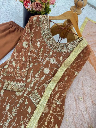 Caramel Brown Gold Embroidery Work Gharara Suit Set - BONYHUBSALWAR KAMEEZ