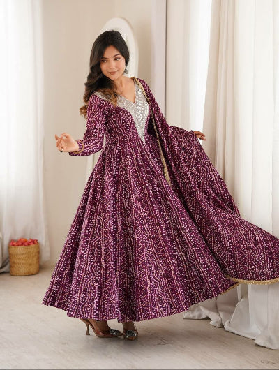 Royal Plum Bandhani Mirror Work Anarkali Suit with Dupatta