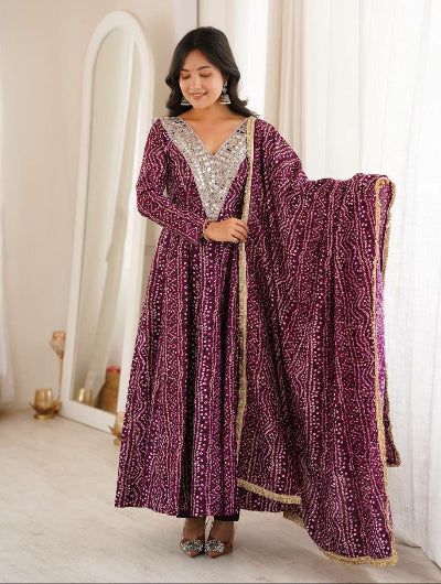 Royal Plum Bandhani Mirror Work Anarkali Suit with Dupatta
