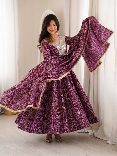 Royal Plum Bandhani Mirror Work Anarkali Suit with Dupatta