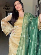 Gold Silk Embroidered Suit With Green Dupatta - BONYHUBSALWAR KAMEEZ
