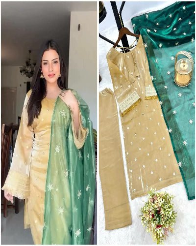 Gold Silk Embroidered Suit With Green Dupatta - BONYHUBSALWAR KAMEEZ
