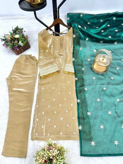Gold Silk Embroidered Suit With Green Dupatta - BONYHUBSALWAR KAMEEZ
