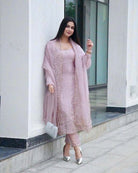 Powder Pink Sequins Thread Work Straight Suit Set - BONYHUBSALWAR KAMEEZ